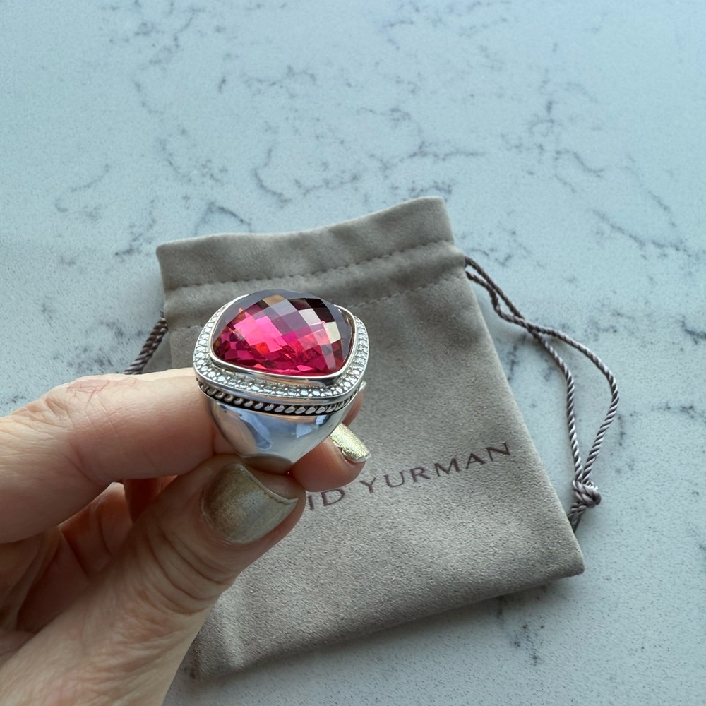 Authentic David Yurman Sterling Silver ring.
20mm Tourmaline Albion & Diamonds.